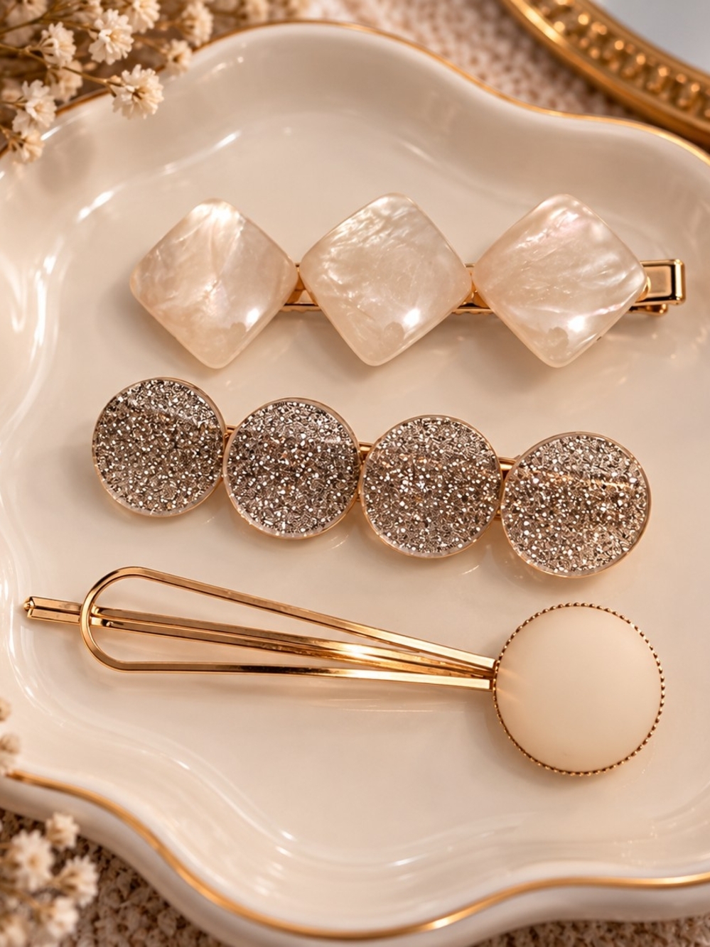Elegant Gold & Pearl Hair Clip Set Glitter Matte White - 3 Pack New